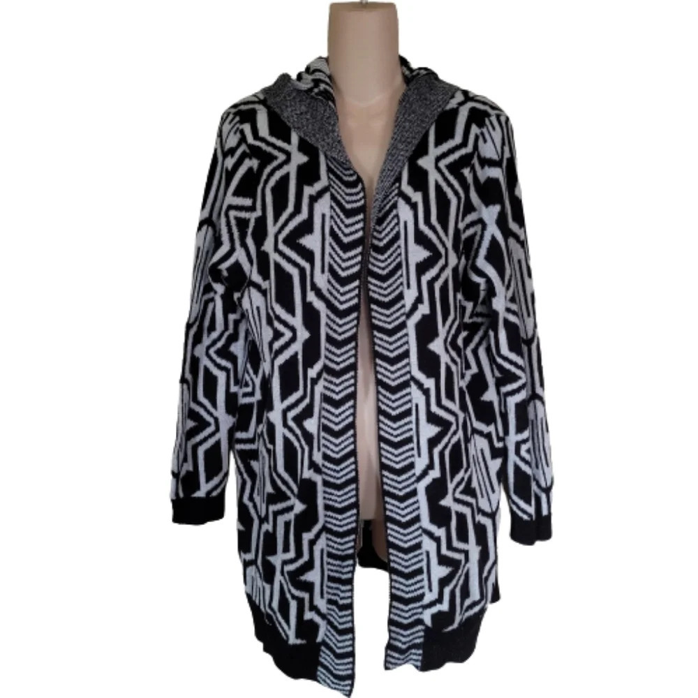 Divided by H&M Black White Hooded Open Front Cardigan Sweater Size Women's Large
